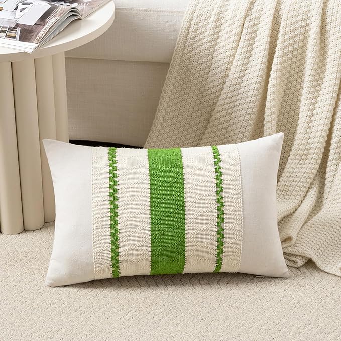 Fancy Homi Set of 1 Boho Lime Green Lumbar Decorative Throw Pillow Cover 12x20 Inch for Couch Bed Sofa Chair, Modern Organic Farmhouse Home Decor, Soft Cotton Cute Accent Rectangle Cushion Case