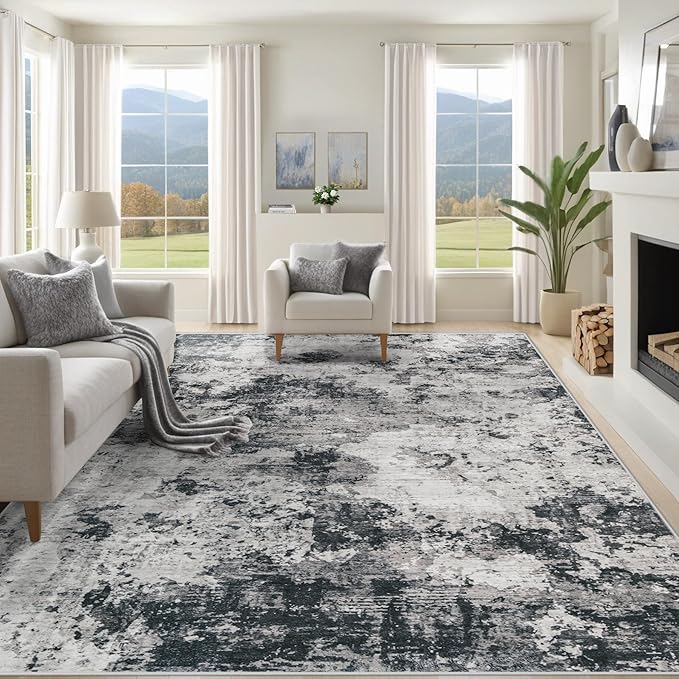 8x10 Area Rugs for Living Room, Washable Modern Abstract Large Area Rug Neutral Soft Non Slip Kids Rug Stain Resistant Indoor Carpet for Bedroom Nursery Dining Room Playroom(Black, 8'x10')