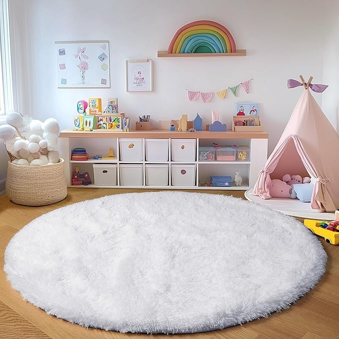 ONASAR White Round Area Rugs 5ft, Soft Bedroom Circle Rug Floor Mat for Kids Girls Boys Teen Room, Fuzzy Plush Shaggy Carpet for Baby Nursery Living Room Playroom Dorm Home Decor