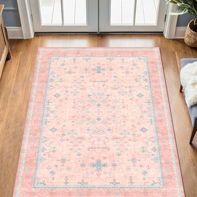 Hazo Haus Nursery Area Rug 4x6 - Pink Rugs for Girls Bedroom, Living Room - Washable Low Pile Non-Slip Charming Boho Vintage Traditional Oushak Design, Perfect for Kids Rooms