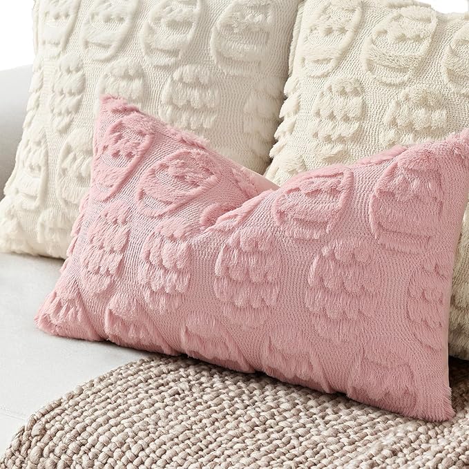 decorUhome Easter Pink Egg Pillow Covers 12x20 Inch Set of 2, Soft Plush Faux Wool Jacquard Cushion Covers, Farmhouse Neutral Fuzzy Spring Easter Holiday Decor for Couch Sofa Bed