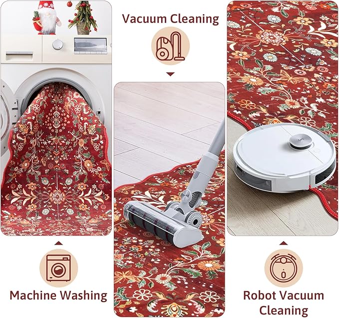 Yamaziot Christmas Runner Rug 2x8 – Red Floral Washable Non-Slip Carpet Runner Christmas Holiday Decor, Soft Low Pile Christmas Rug for Hallway, Kitchen, Entryway