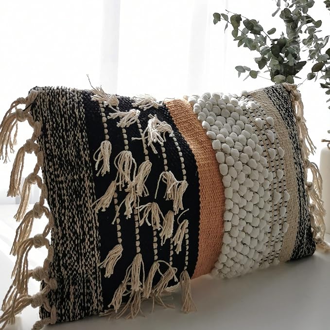 Decorative Boho-Chic Premium Pillow Cover 12x20 Handwoven Tufted Cotton Lumbar Accent Pillows, Neutral Earthly Color Throw Cushion, Farmhouse & Bohemian Home Decor (no Insert)