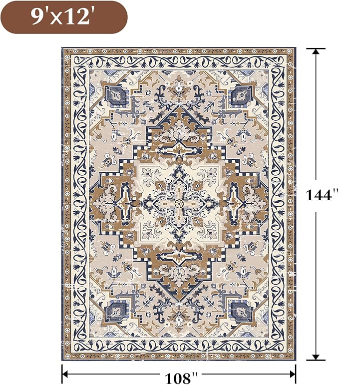 Rugflix 9x12 Area Rug for Living Room, Machine Washable Area Rugs with Non-Slip Backing, Large Soft Boho Vintage Rug for Bedroom, Dining Room, Low Pile Carpet, Kids Pet Friendly, Brown Beige