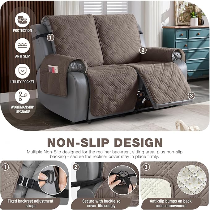 TAOCOCO 100% Waterproof Recliner Loveseat Cover Non Slip Couch Cover for 2 Seat Reclining Sofa, Split Reclining Loveseat Covers 2-Piece with Straps for Kids Pets(2 Seater, Taupe)