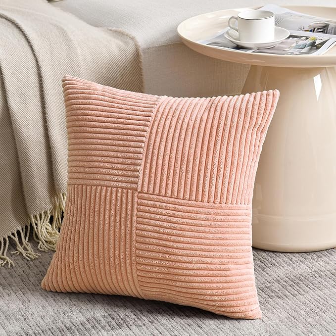 Fancy Homi 2 Packs Peach Euro Decorative Throw Pillow Covers 26x26 Inch for Couch Bed Sofa, Rustic Farmhouse Boho Home Decor, Soft Corss Corduroy Patchwork Textured Square Cushion Case 66x66 cm