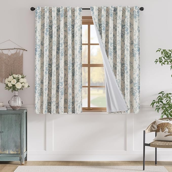 jinchan Blackout Floral Curtains for Living Room Bedroom Linen Blend Curtain Farmhouse Blue Printed with Lined Back Tab Rod Pocket Drapes Window Treatments 2 Panels 63 Inch