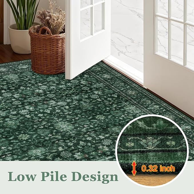 Area Rugs 10x12 Living Room Rug: Washable Rug Soft Vintage Distressed Floral Carpet Indoor Non-Slip Stain Resistant Large Carpets for Bedroom Dining Room Farmhouse Nursery Home Office Deep Green