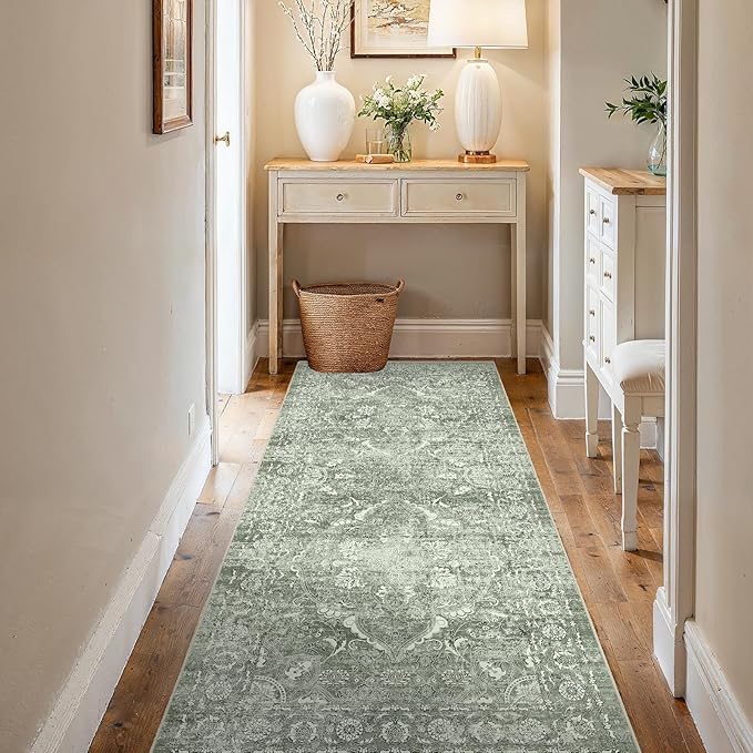 3x6 Washable Hallway Runner Rug - Non Slip Kitchen Runner Rugs with Rubber Backing Vintage Low-Pile Carpet Runners for Entryway Dining Room Laundry Room Home Decor (Muted Sage Green)