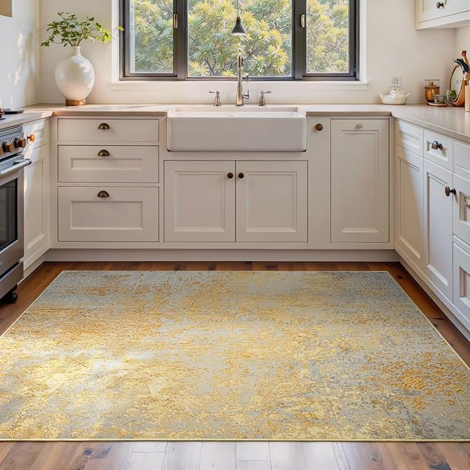 Area Rug 4x6 Rug Washable Boho Rugs Non Slip Low Pile Abstract Small Carpet for Entryway, Bedroom, Kitchen, Classroom, Kids Room, Office, Dorm, Dining Room (Orange, Silver & Gray)