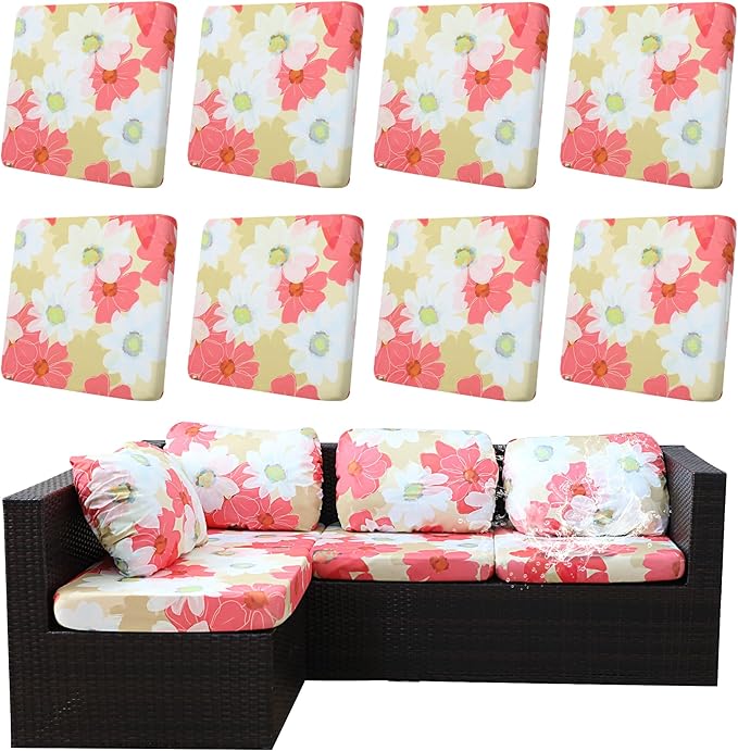 8Pcs Outdoor Cushion Covers, Patio Cushion Covers,Stretch Elastic Slipcovers, Replacement Washable & Reusable Furniture Protector for Patio Couch (Sakura-Pattern,Cover Only)