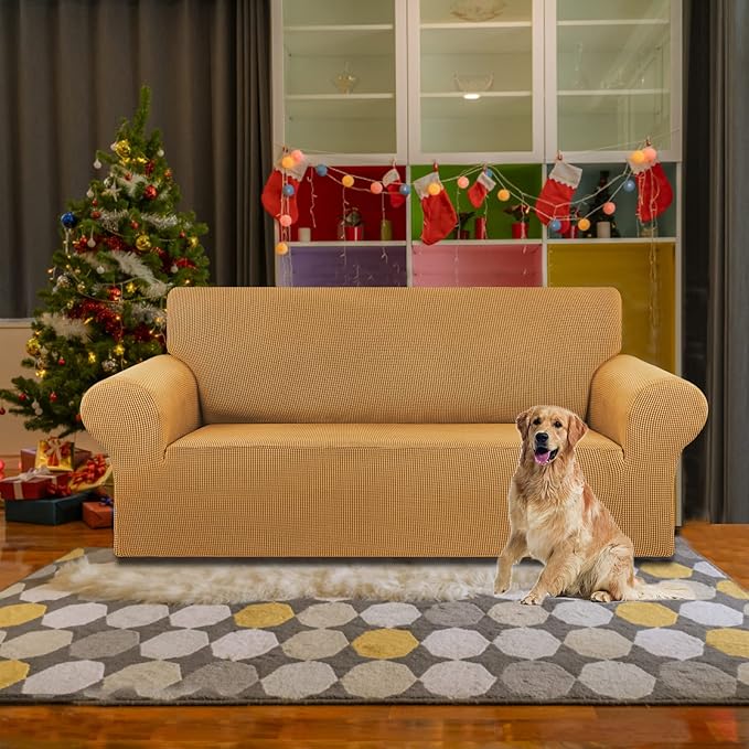 KEKUOU Stretch Loveseat Sofa Cover Slipcover,Couch Covers for 2 Cushion Couch Sofa (55"-78") Furniture Protector Sofa with Elastic Bottom for Kids,Dog. Jacquard Small Checked (Medium,Golden)