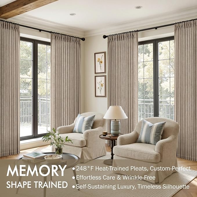 MIULEE Pinch Pleated Thick Linen Curtains 84 Inches Long 2 Panels for Living Room Bedroom, Memory Trained Drapes Pleat Back Tab Light Filtering Grey Beige Window Curtains with Hooks&Rings