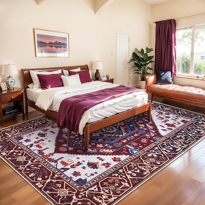 SERISSA Washable Rugs 8x10 Area Rugs, Large Non-Slip Boho Living Room Rug, Ultra Soft Oriental Vintage Burgundy Navy Print Distressed Carpet for Dining Room Bedroom Dorm Office Home Decor