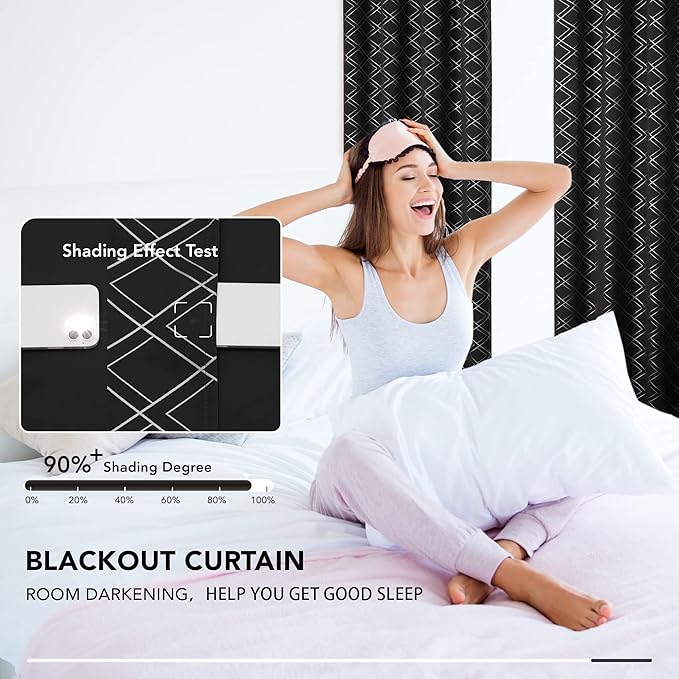 Deconovo Black Out Curtains for Bedroom Livint Room Nursery (42x72 Inch, Black/Silver, 2 Panels) Geometry Silver Patterned Room Darkening Curtains, Thermal Insulated Soundproof Drapes
