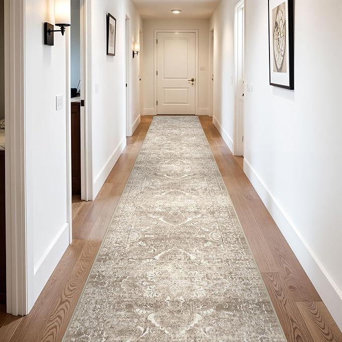 3x20 Washable Hallway Runner Rug - Non Slip Kitchen Runner Rugs with Rubber Backing Vintage Low-Pile Carpet Runners for Entryway Dining Room Laundry Room Home Decor (Beige)