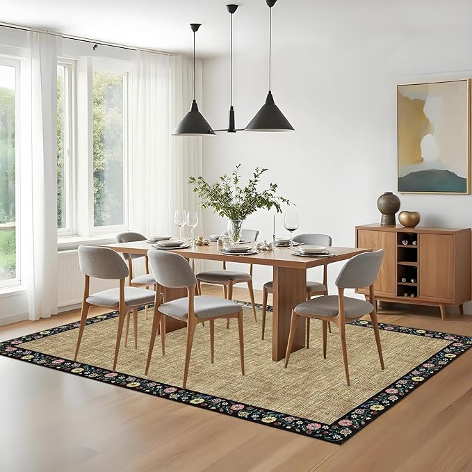 GarveeHome 4x6 Area Rugs for Bedroom Living Room Machine Washable Rugs Floral Bordered Small Carpet Non-Slip Stain Resistant Accent Carpet for Dining Room Table Apartment Office, Yellow