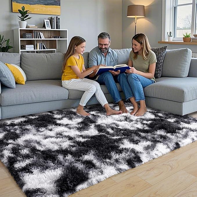 Pionblank Fluffy Area Rug for Bedroom 4x6 Feet, Indoor Plush Carpet, Shag Soft Bedside Rug, Cute Comfy Furry Rug for Living Room Dorm Girls Boys Room Nursery Decor, Black White