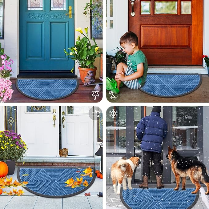 Smiry Half Circle Front Door Mat Outside Entrance, Heavy Duty Sturdy Natural Rubber Doormat, Trap Dirt and Moisture, Low Profile Mats for Indoor Outdoor Entry, Irregular Triangle (35x23, Blue)