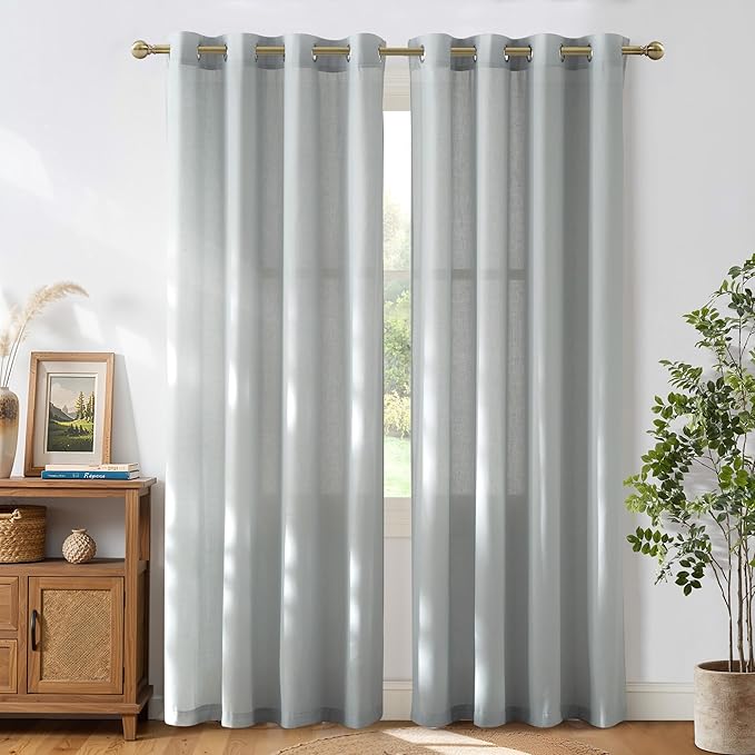 NICETOWN Light Cyan Linen Curtains for Bedroom, Grommet Thick Flax Semi Sheer Light Filtering Window Treatments Privacy Assured Drapes for Living Room, W55 x L96, 2 Panels
