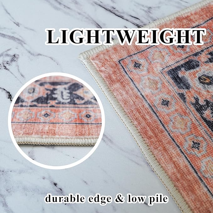 Hallway Washable Runner Rug - 2'6x12 Kitchen Rugs Entryway Rug Runner Vintage Soft Floor Mat Non Slip Indoor Farmhouse Carpet for Bathroom Living Room Bedroom (2'6''x12', Orange)