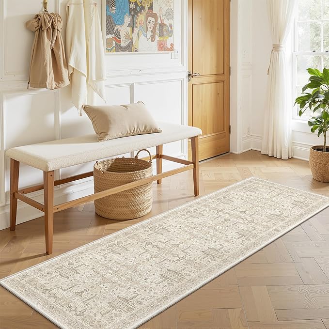 2x6 Hallway Washable Runner Rug - Soft Non Slip Vintage Rugs for Entryway Low-Pile Farmhouse Neutral Kitchen Runners Living Room Floor Mat Stain Resistant Distressed Carpet for Bedroom Bathroom Beige