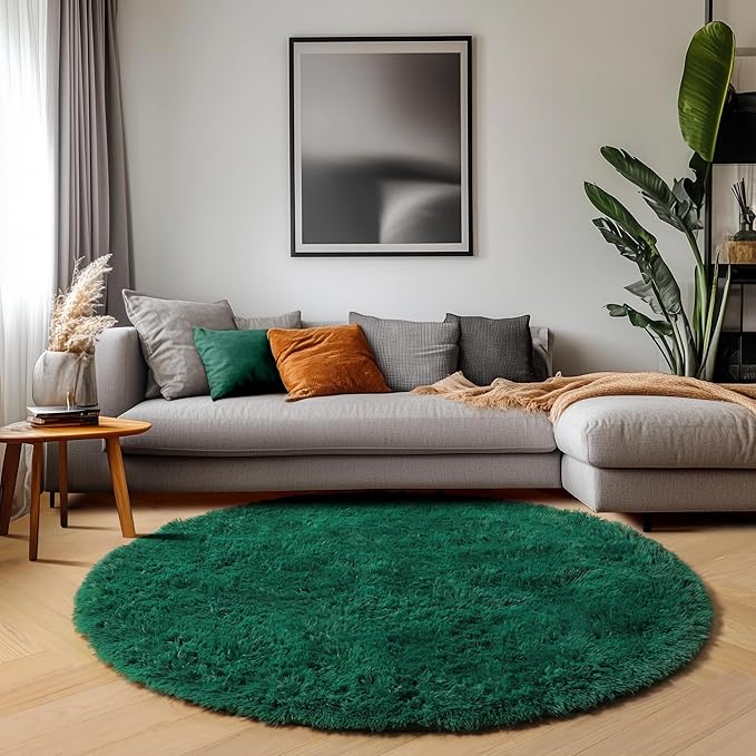 ONASAR Dark Green Round Area Rug 4ft, Soft Bedroom Circle Rugs for Kids Girls Teen Room, Cute Furry Plush Shaggy Carpet for Baby Nursery Living Room Playroom Dorm Christmas Home Decor