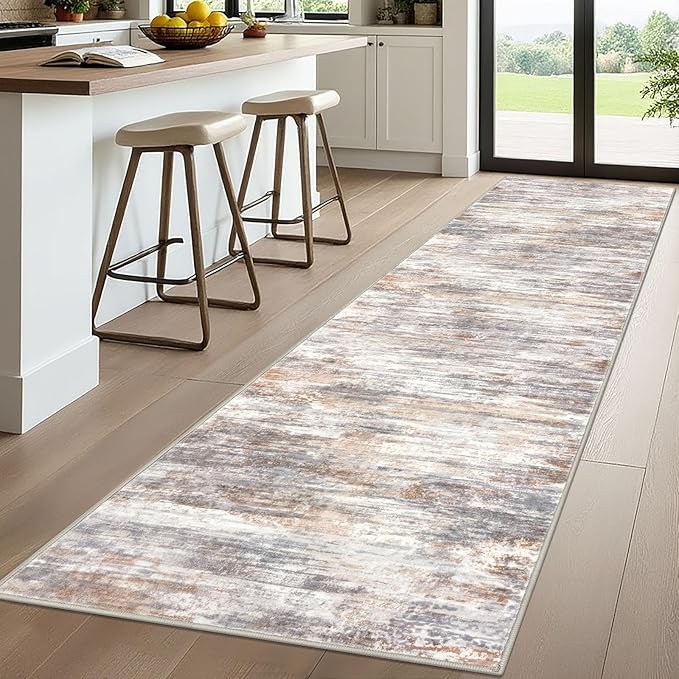 KOZYFLY 3x10 Ft Rug Modern Ombre Runner Rug for Hallway, Washable Kitchen Rugs Non-Slip Soft Striped Entryway Rug, Print Multi Grey/Orange Abstract Carpet for Laundry Nursery