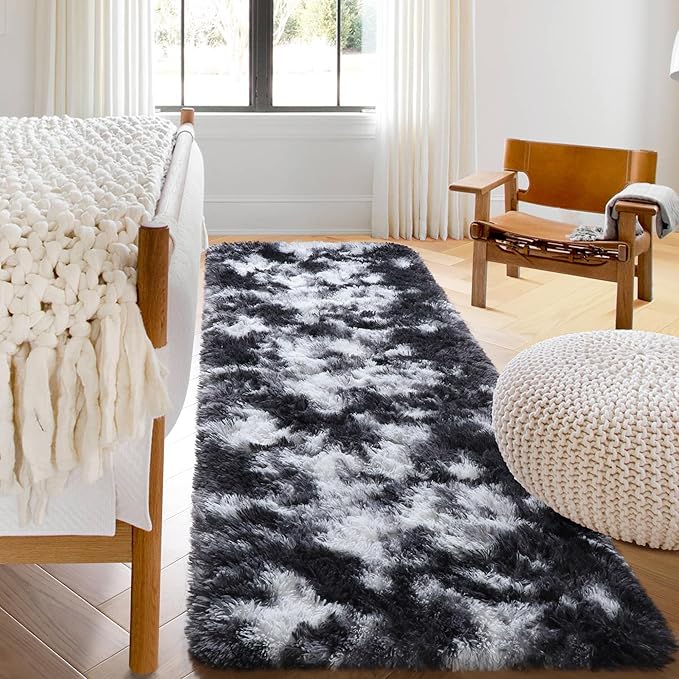 ONASAR Runner Rugs for Bedroom Living Room, Fluffy Black and White 2x6 Bedside Hallway Area Rug, Ultra Soft Plush Furry Faux Fur Non Slip Floor Carpet for Nursery Kids Dorm Closet Home Decor