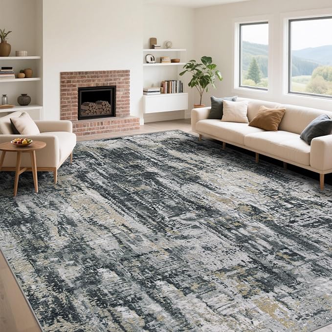XLUEZ 9x12 Area Rug for Living Room, Washable Modern Abstract Large Area Rug Neutral Soft Non Slip Kids Rug Stain Resistant Indoor Carpet for Bedroom Dining Room Playroom Office(BlackGreyGold, 9'x12')