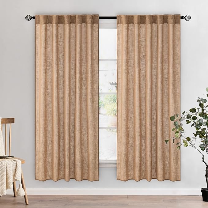 MIULEE Brown Linen Curtains 72 Inch Length for Bedroom Living Room, Soft Thick Linen Textured Window Drapes Semi Sheer Light Filtering Back Tab Rod Pocket Burlap Look Farmhouse Decor, 2 Panels