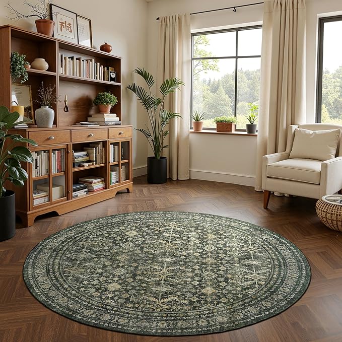Lofus 6ft Area Rugs for Living Room, Green Washable Area Rug with Non-Slip Backing,Soft Boho Carpets for Bedroom Dining Room Home Office Indoor Nursery