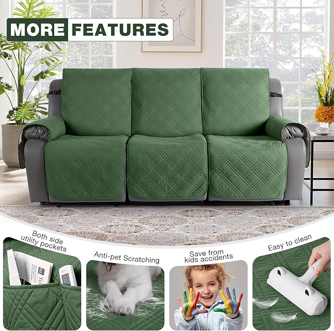 TAOCOCO 100% Waterproof Recliner Sofa Cover, Non Slip Split Couch Covers for Reclining Couches with Straps, Washable Reclining Sofa Cover Furniture Protector for Kids Pets(3 Seater, Vine Green)
