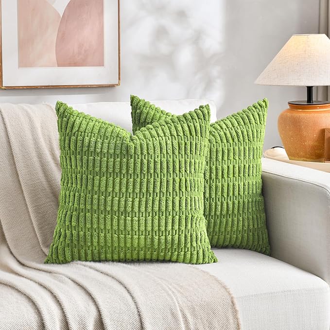 Fancy Homi 4 Packs Boho Lime Green Decorative Throw Pillow Covers 26x26 Inch for Couch Bed Sofa, Rustic Modern Farmhouse Home Decor, Soft Plush Corduroy Cute Square Cushion Case 66x66 cm