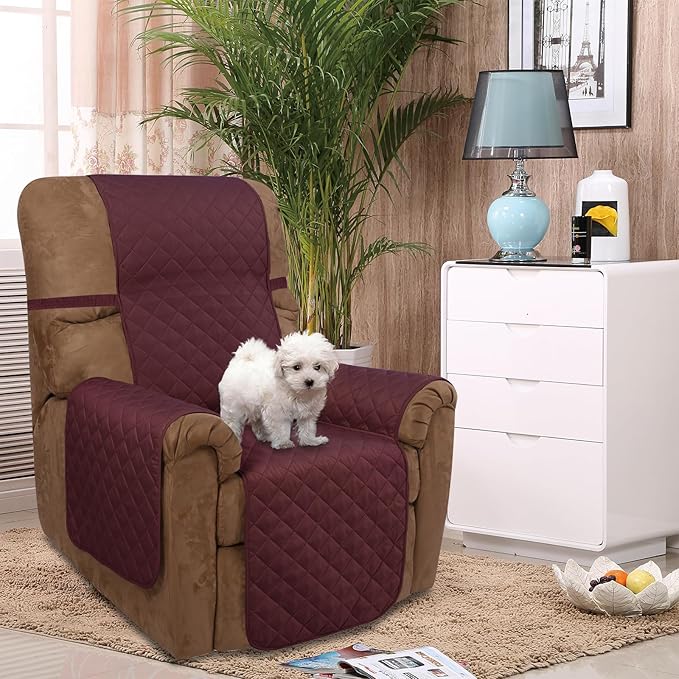 U-NICE HOME Recliner Chair Covers Reversible Quilted Water Repellent Pet Protectors with Elastic Straps (23''Recliner Small, Burgundy/Tan)