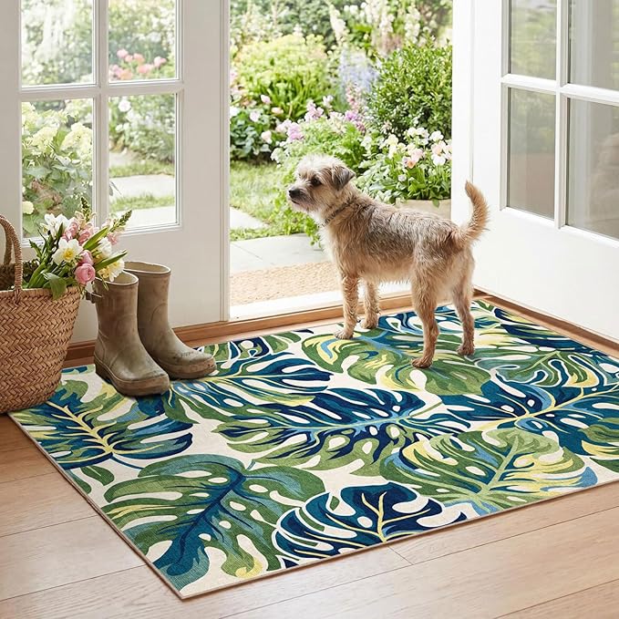 Boho Outdoor Rug - 28" x 43" Front Door Mat Indoor Outside Entrance Non-Slip Washable Outdoor Mat Tropical Green Blue Leaf Rug for Entryway Kitchen Bedroom Layered Doormat for Front Porch