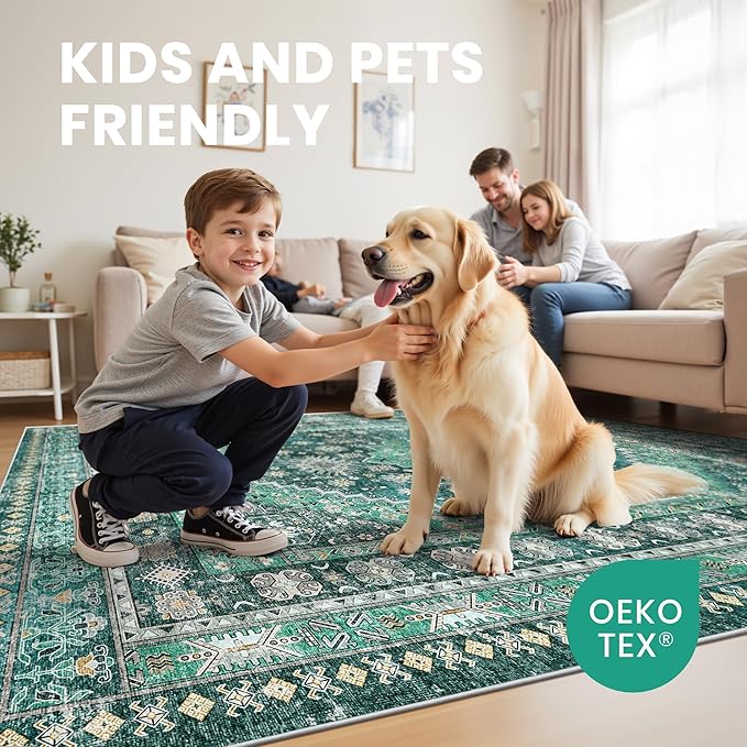 zesthome 8x10 Area Rugs for Living Room,Non-Slip Backing Washable Rugs,Vintage Large Area Rug，Stain Resistant Home Decor Rug(Green/Teal,8'x10')