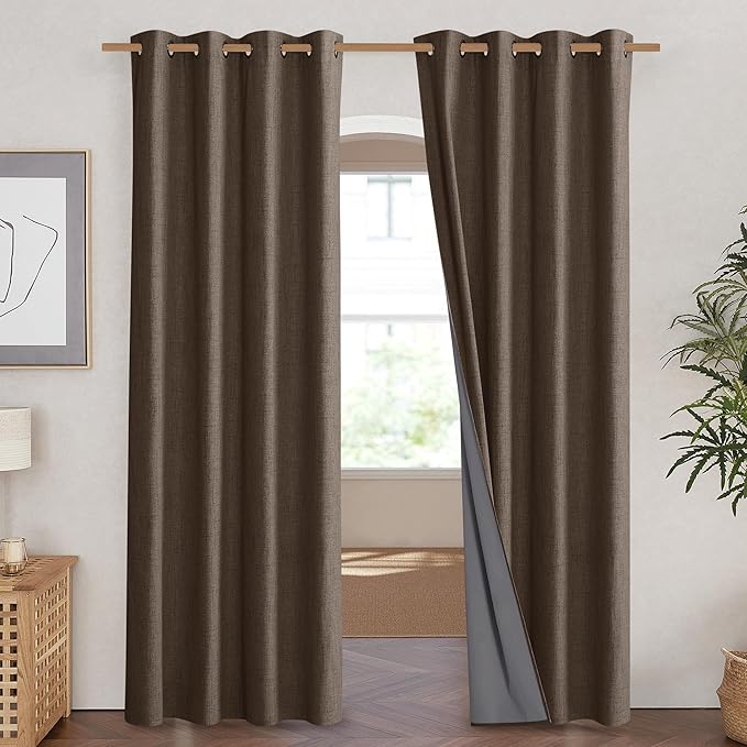 NICETOWN Coffee Vintage Linen 100% Blackout Curtains for Living Room, Thermal Insulated Curtains 90" Long, Noise Reducing Window Treatment Drapes for Home Cinema, 52" Wide Per Panel, Set of 2