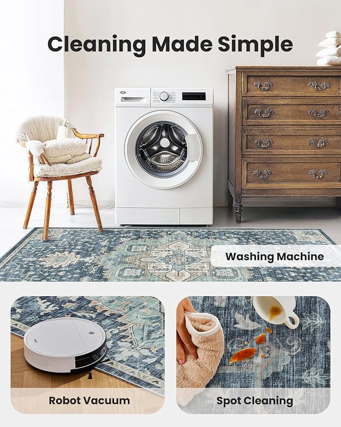 AMADA HOMEFURNISHING 9x12 Washable Area Rug, Low-Profile Large Area Rug with Non-Slip Backing & Durable Edge Binding, Vintage Large Rugs for Living Room, Bedroom & Dining Room