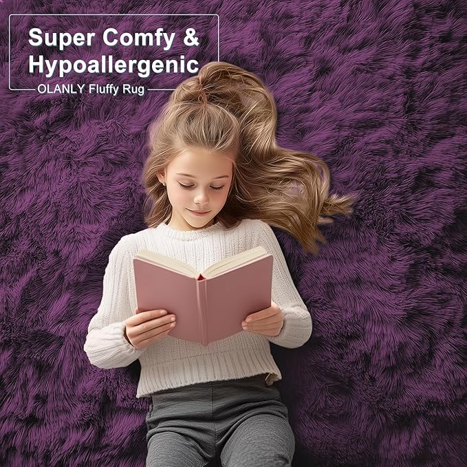 OLANLY Area Rugs for Living Room Bedroom, Machine Washable 4x5.9 ft Soft Fluffy Shaggy Bedside Rug, Indoor Floor Carpet for Kids Girls and Boys, Dorms, Nursery Rooms, Home Decor Aesthetic, Dark Purple