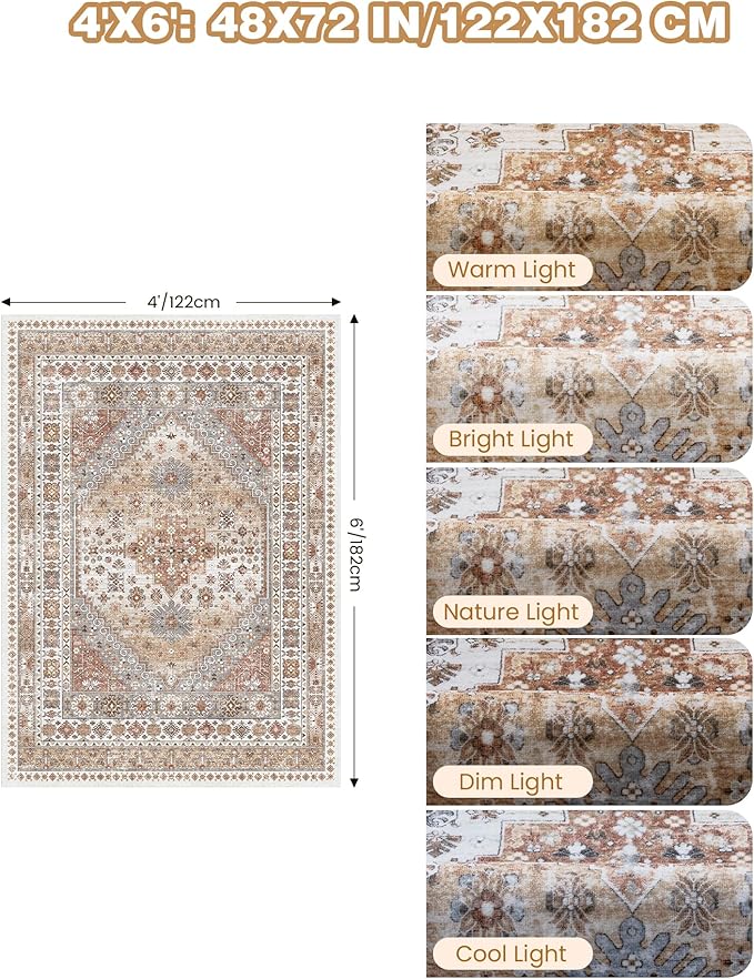 4x6 Area Rugs for Living Room, Non-Slip Backing Small Kids Rugs for Bedroom, Vintage Floral Rug Home Decor, Low Pile Soft Washable Rug for Kitchen, Dining Room (Orange,4'x6')