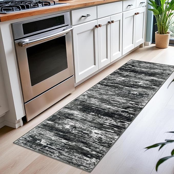 KOZYFLY Modern Abstract Kitchen Runner Rug, 2x6 Washable Rug Runner Non-Slip Soft Striped Hallway Runner Rugs, Black Grey Print Carpet Runner for Entryway Bathroom Laundry Room Foyer
