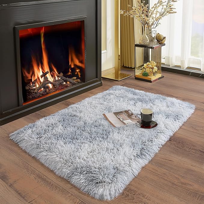 Ultra Soft Runner Rugs for Bedroom Hallways with Upgraded Non-Slip Rubber Backing & Thick Memory Sponge, 2x3 Feet Fluffy Shag Throw Area Rug for Bedside Dorm Tie-dye Light Grey