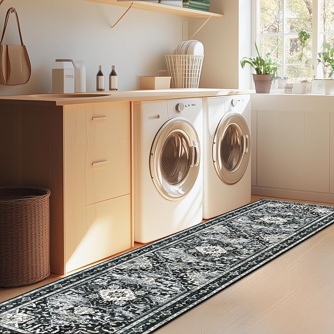 Yamaziot Washable Runner Rug, 2x8 Non-Slip Boho Vintage Hallway Rug Runner with Rubber Backing, Stain Resistant & Low Pile Distressed Carpet Runner for Bedroom, Kitchen, Laundry, Entrance, Black