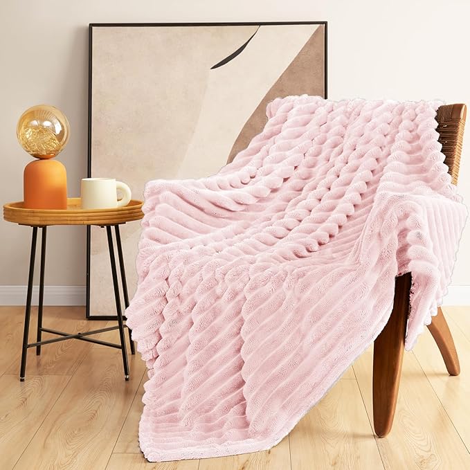 HIMEET Pink Ribbed Twin Blanket for Bed - 300GSM Lightweight Soft Fleece Blanket for Men Women, Cozy Blankets Graduation Birthday Gifts, Striped Spring Home School Dorm Decor, Pink, 60x80 Inches
