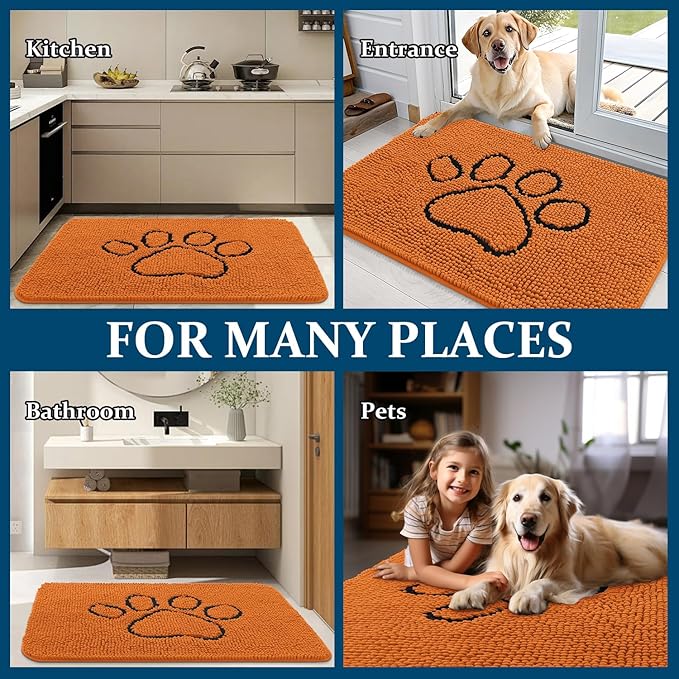 OLANLY Dog Door Mat for Muddy Paws 36x24, Paw Print Design, Absorbs Moisture and Dirt, Absorbent Non-Slip Washable Doormat, Quick Dry Chenille Mud Mat for Dogs, Entry Indoor Entryway Carpet, Clay