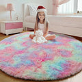 ONASAR Rainbow Round Area Rug 4ft, Soft Bedroom Circle Rugs Mats for Kids Girls Teen Room, Kawaii Fluffy Plush Shaggy Carpet for Baby Nursery Living Room Playroom Home Decor Princess Castle