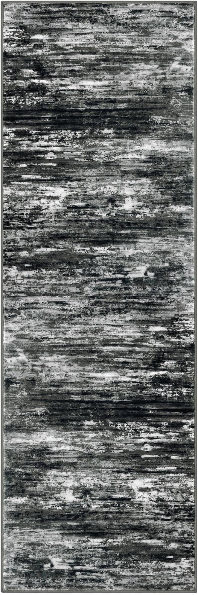KOZYFLY Modern Abstract Kitchen Runner Rug, 2x6 Washable Rug Runner Non-Slip Soft Striped Hallway Runner Rugs, Black Grey Print Carpet Runner for Entryway Bathroom Laundry Room Foyer