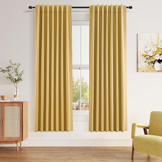 Guken 100% Blackout Curtains 72 Inch Length 2 Panels Set for Living Room Bedroom Back Tab Thermal Insulated Black Out Linen Drapes Room Darkening Window Curtains 72 Inches Long,Gold