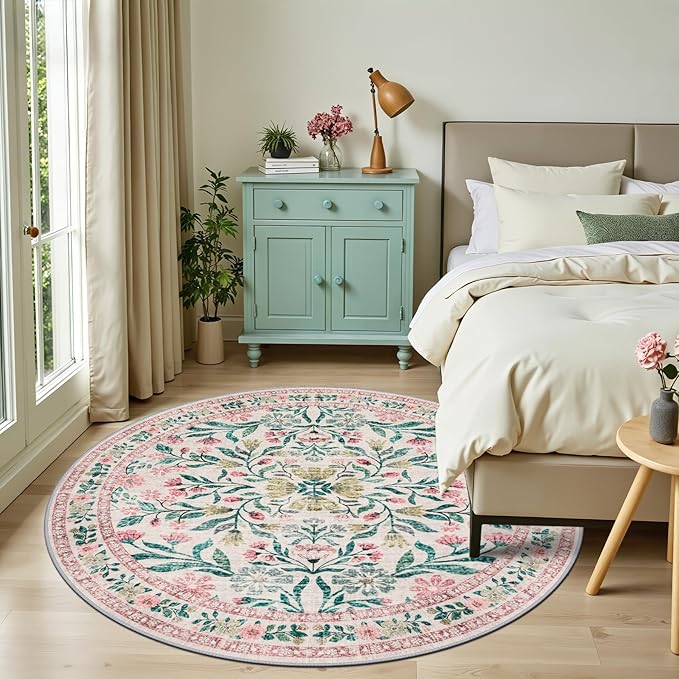 Round Area Rug for Living Room: 6 ft Floral Washable Circle Rug Soft Boho Non-Slip Carpet Indoor Stain Resistant Low Pile Small Circular Rug for Bedroom Entryway Kitchen Nursery Home Office Pink Green